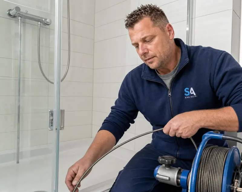 Monteur ontstopt douche-afvoer met veerreel
