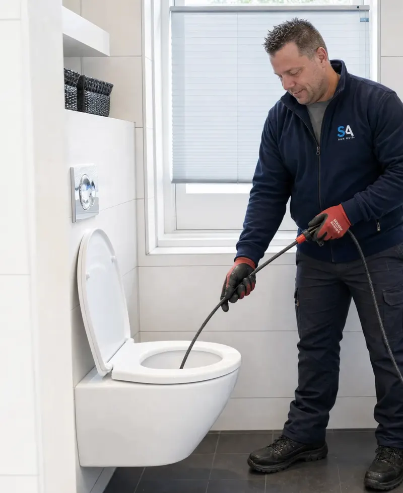 Monteur ontstopt hangtoilet met veer