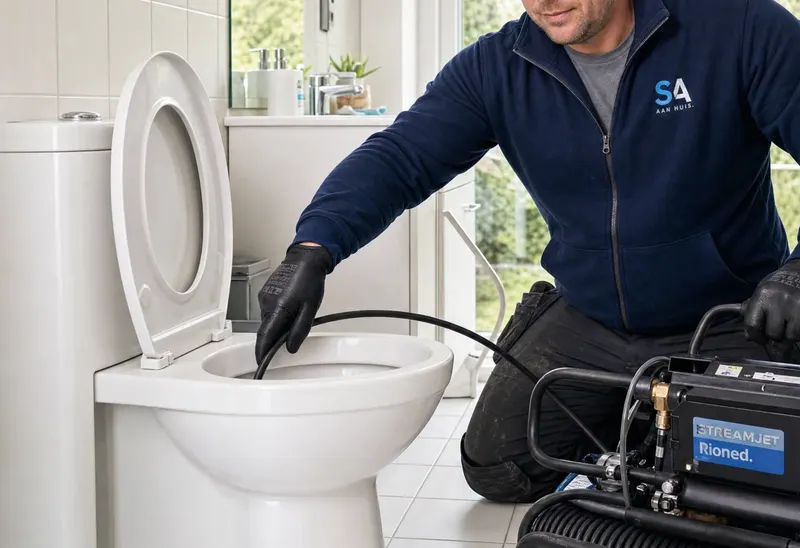 Monteur ontstopt wc met Rioned Streamjet hogedrukreiniger